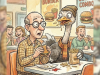 A man walks into a restaurant with a full-grown ostrich behind him.